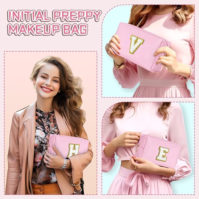 TOPEAST Cosmetic Travel Bags for Women, Preppy Small Makeup Bag, PU Leather Waterproof Toiletry Bag, Unique Friendship Gifts for Friends Coworker, Cute Stuff for Girls (Pink R)