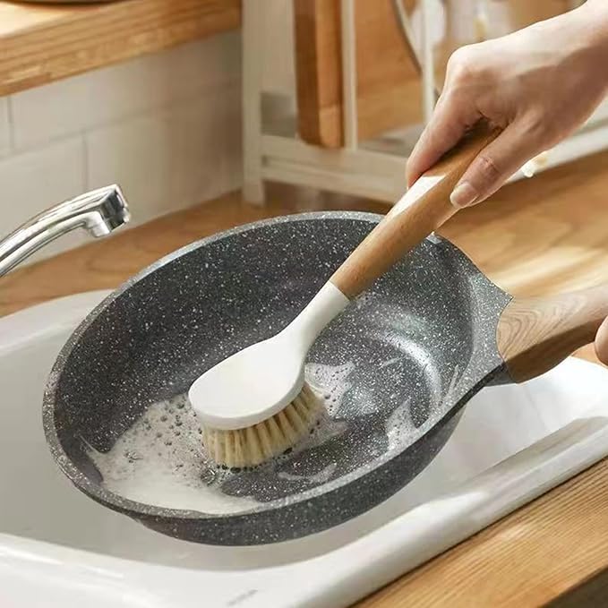 2Pcs Dish Brush with Handle Nylon Scrub Brush with Wooden Handle Hanging Hole Cleaning for Dishes Pots Cast Iron Skillet