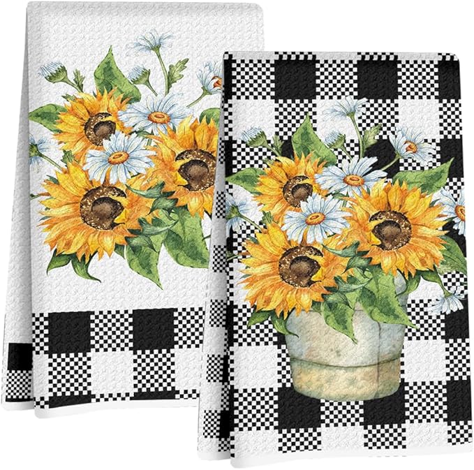 Jztco 2Pcs Sunflower Kitchen Towels 24x14 Inch, Spring Summer Floral Buffalo Plaid Hand Towels for Kitchen Farmhouse Decor, Absorbent Dish Cloth Tea Towel, Sunflower Gifts for Women Mom