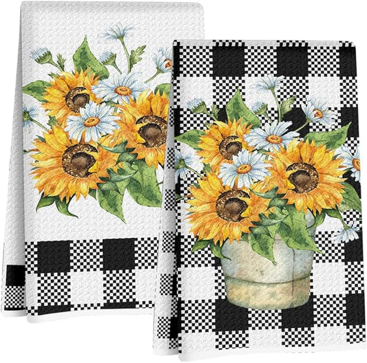 Jztco 2Pcs Sunflower Kitchen Towels 24x14 Inch, Spring Summer Floral Buffalo Plaid Hand Towels for Kitchen Farmhouse Decor, Absorbent Dish Cloth Tea Towel, Sunflower Gifts for Women Mom