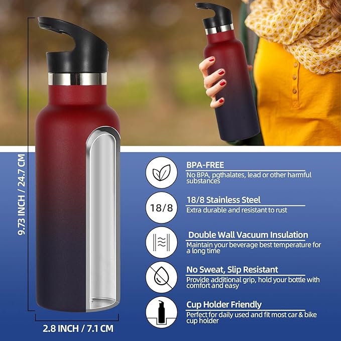 Volhoply 17oz Kids Insulated Water Bottle,Stainless Steel Water Bottles with Straw Lid,Double Wall Vacuum Metal Cups Water Bottle,Reusable Sports School Water Flask Keep Cold(Red Purple,1 Set)
