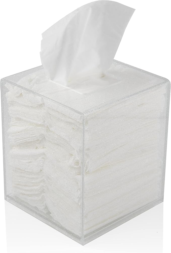 Acrylic Tissue Box Holder, Square Dispenser for Facial Tissues, Napkins, and Dryer Sheets. Perfect for Bathrooms, Desks, Countertops, Vanities, Bedrooms, and Nightstands (Square, Clear Glitter)