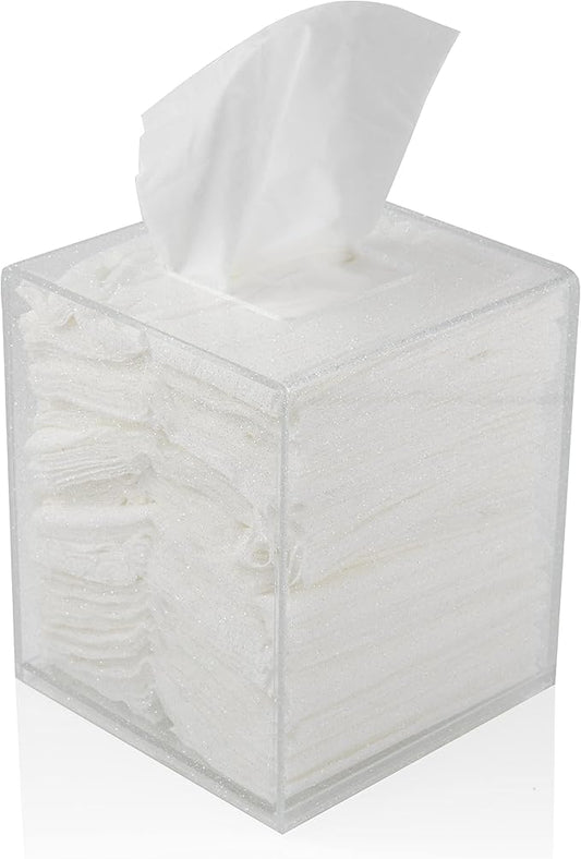 Acrylic Tissue Box Holder, Square Dispenser for Facial Tissues, Napkins, and Dryer Sheets. Perfect for Bathrooms, Desks, Countertops, Vanities, Bedrooms, and Nightstands (Square, Clear Glitter)