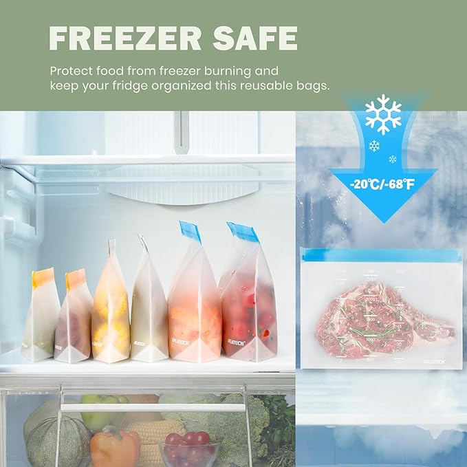 IDEATECH Reusable Bags Dishwasher Safe, BPA Free Reusable Freezer Bags Stand Up, Leakproof Silicone Bags for Food Storage Containers, Salad Fruit, Vegetables,Travel, Home Organization -Gray 6 Gallon