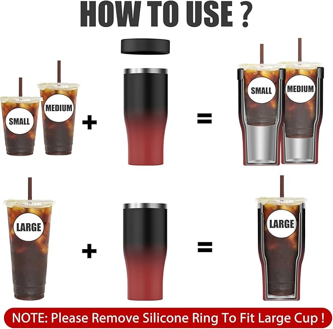 Universal Iced Coffee Sleeve with Handle - Insulated Double Wall Reusable Stainless Steel Holder Insulator for Cold Drinks Fits Small Medium Large To Go Cups Gifts for Men Women Him Her (Dark Flame)