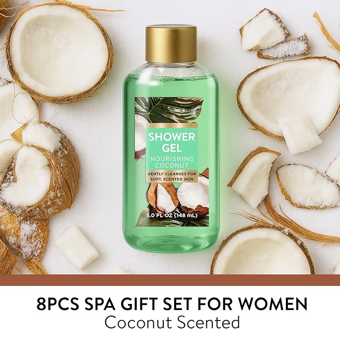 Premium Coconut Christmas Spa Gift Baskets for Women, 8 Piece Luxury Bath Set with Bubble Bath & Bath Bombs, Tropical Gift for Her, Anniversary or Birthday Present - Body Scrub, Lotion, Hand Cream