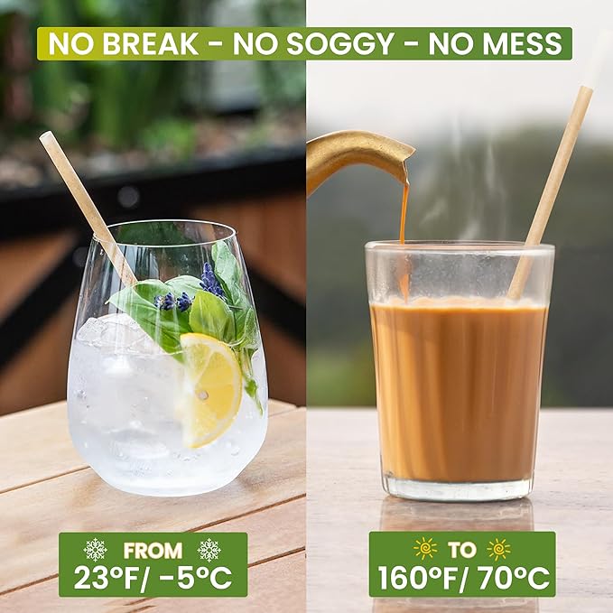 Biodegradable Coconut Straws Set 200 - Disposable, Plastic Free, Ecofriendly Coco Fiber Drinking Straws Bulk for Cold and Hot Beverages, Cocktail and Restaurant