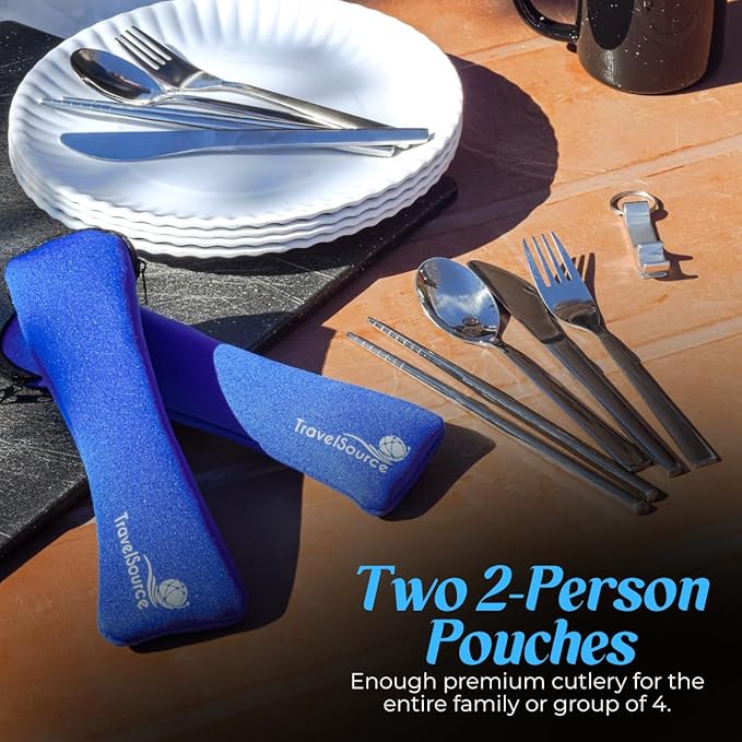 Travel Utensils With Case - Metal Camping Silverware Cutlery Set - Reusable & Portable Fork Knife Spoon Flatware & Chopsticks For Lunch Box, Backpacking (2 Cases)