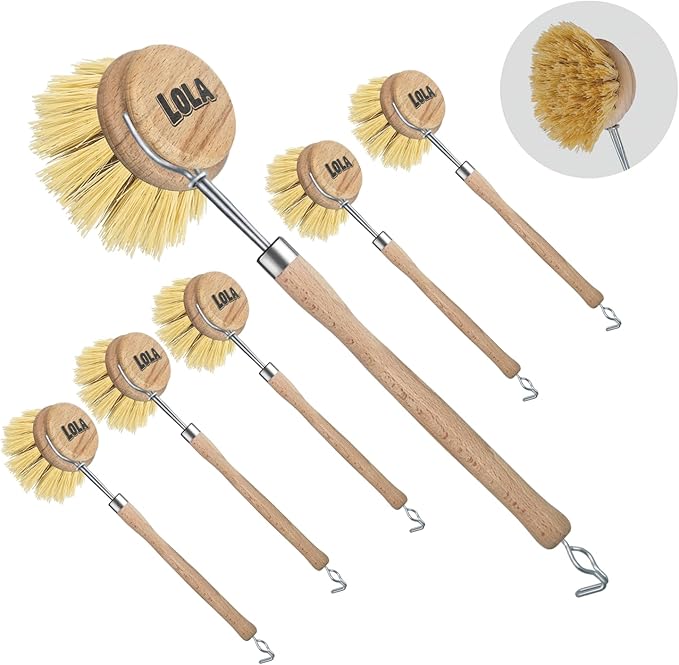 LOLA - The Original - Tampico Vegetable & Dish Wood Brush, 6 Pack, 3" Head, Sustainable, Tampico Bristles, Easy Head Only Replacement