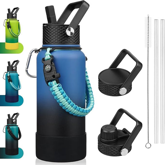 BJPKPK 32oz Insulated Water Bottles with 3 Lids, Paracord Handle & Non-slip Boot, Stainless Steel Metal Water Bottle,Reusable BPA Free Thermal Flasks, Tumblers, Blue Black