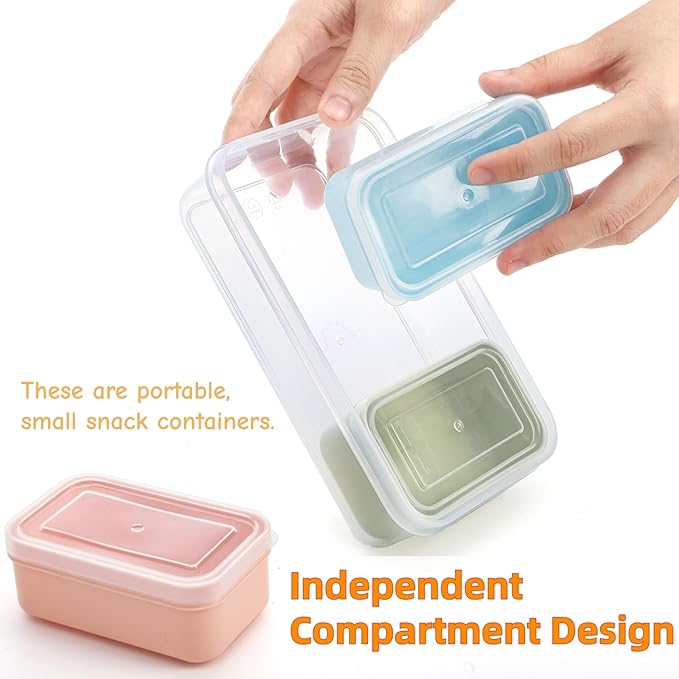 4 Set Snack Containers with 3 Compartments, Small Reusable Bento Box Lunch Container with Leak-proof Lids, Mini Removable Divided Meal Prep Box for Work Travel in Compact Size, Microwave Safe