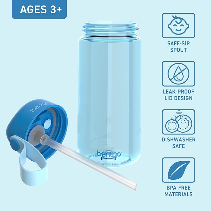 Bentgo Kids Water Bottle - Leak-Proof, Durable Tritan, BPA-Free 15 oz. Cup for Kids/Toddlers Ages 3+ - Safe Sip Spout, Carrying Handle, & Dishwasher Safe for School, Sports, Daycare & Camp (Blue)