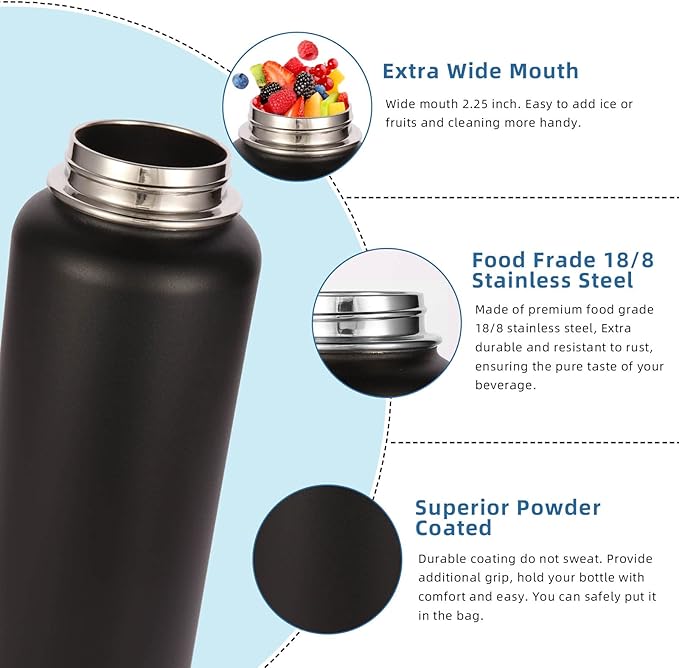 Volhoply 40 oz Insulated Water Bottles Paracord Handle, Stainless Steel Sports Bottle with Spout Lid, Double Walled Travel Water Cups with Wide Mouth, Reusable Water jug for Adults (Black, 1 Set)