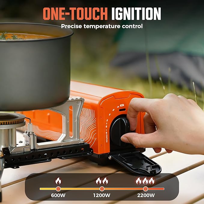 BIG HORN OUTDOORS Butane Camping Stove, Portable Folding Gas Burner with Carry Bag for Camping, Emergency Use and Outdoor Cooking, Orange