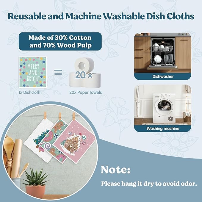 Swedish Dishcloths for Kitchen, Christmas Xmas Tree Gingerbread Winter Kitchen Dish Towels for Washing Dishes, 4 Pack Reusable Paper Towels, Sponge Cloths for Home Cleaning Baking Cooking
