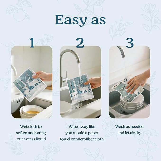 Christmas Swedish Dishcloths for Kitchen, Winter Xmas Reindeer Blue Kitchen Dish Towels for Washing Dishes, 4 Pack Reusable Paper Towels, Sponge Cloths for Home Party Housewarming Cleaning
