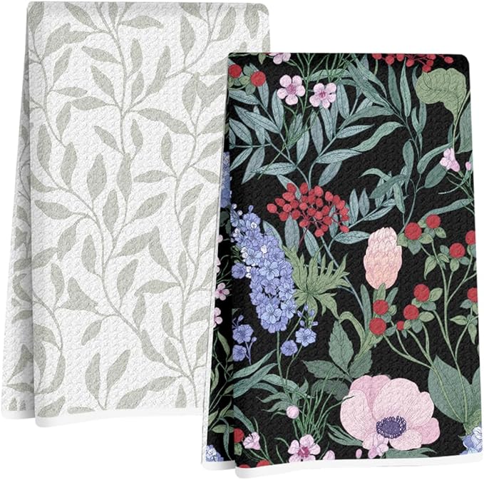 Jztco 2Pcs Vintage Watercolor Floral Kitchen Towels 24x14 Inch, Leaves Seamless Pattern Hand Towels for Kitchen Bathroom Decor, Absorbent Microfiber Dish Cloth Tea Towel, Housewarming Gifts for Women