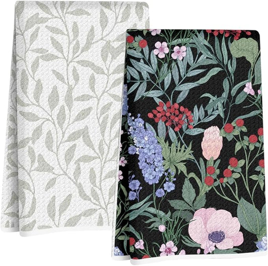 Jztco 2Pcs Vintage Watercolor Floral Kitchen Towels 24x14 Inch, Leaves Seamless Pattern Hand Towels for Kitchen Bathroom Decor, Absorbent Microfiber Dish Cloth Tea Towel, Housewarming Gifts for Women