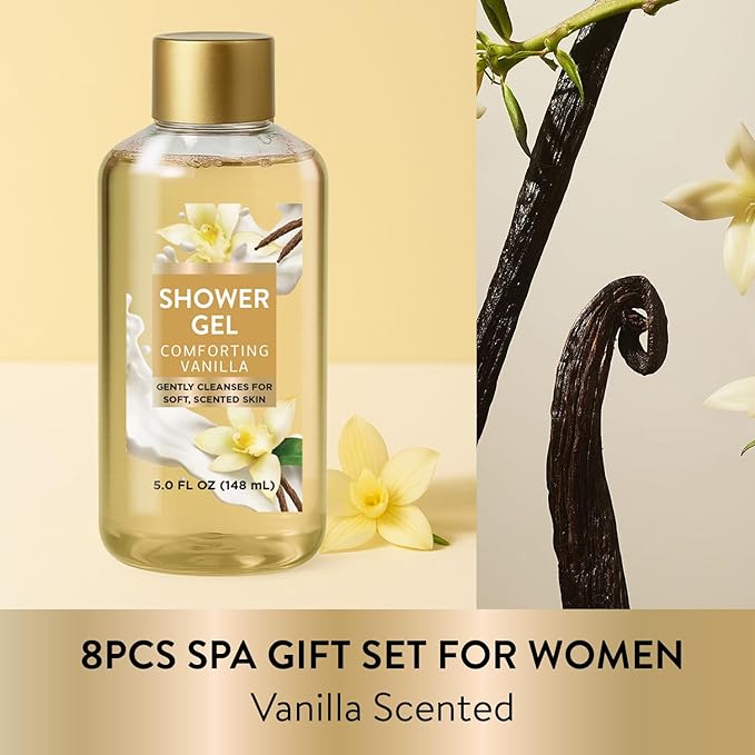 Cozy Vanilla Christmas Gift Sets for Women, 8 Piece Bath and Body Care with Bubble Bath, Relaxing Spa Gifts for Mom, Self Care Gift Basket Set Includes Body Scrub, Hand Cream, Soap for Birthdays