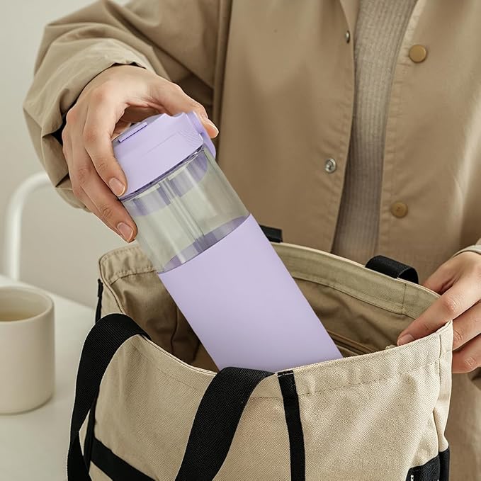 Glass Water Bottle with Silicone Sleeve and Straw Lid 20oz for Girls Women, Glass Drinking Bottles for Travel Home Gym Sports (Amethyst Whisper)