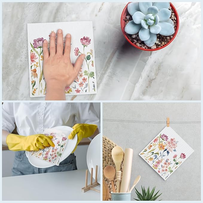 Swedish Dishcloths for Kitchen, Summer Flower Dish Rags Floral Kitchen Dish Towels for Washing Dishes, 4 Pack Reusable Paper Towels, Sponge Cloths for Home Cleaning Cooking Baking