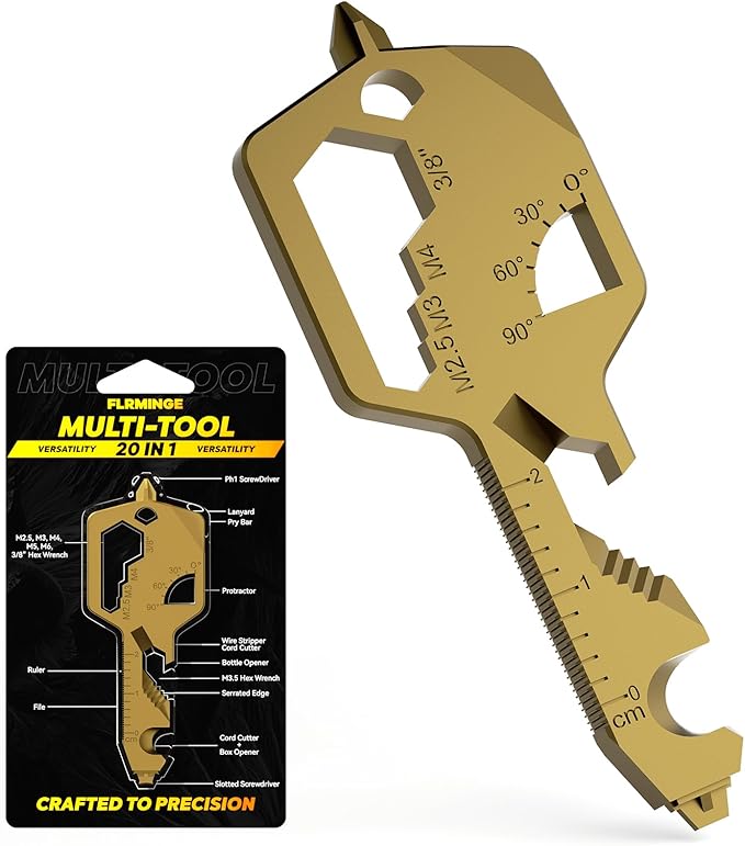 Key Shaped Pocket MultiTool 20-in1 Multi Tool, Stainless Steel Keychain Utility Gadget,Gift for Men, Women, Father,Groomsmen, Valentine's, Birthday, Christmas(Gold)