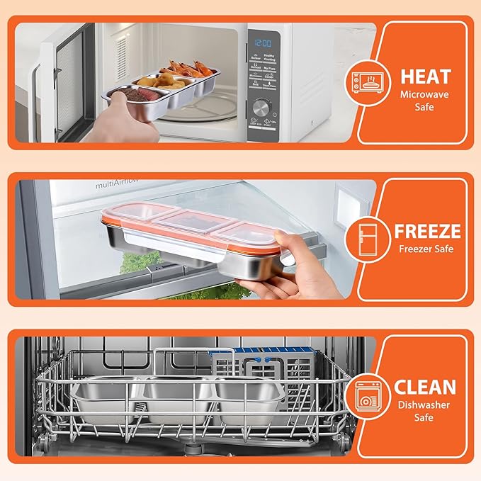 Stainless Steel Snack Box Container - 2 Pack Bento Box for Kids & Adults, 3 Compartment Leak-Proof Snack Containers with Lids（3Org+3Org）