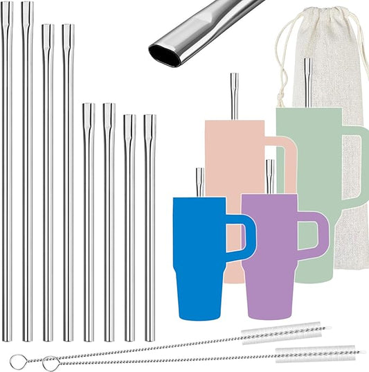 NiHome 8-Pack Anti-Wrinkle Flat Tip Stainless Steel Straws with 2 Brushes & Portable Storage Bag, 4 Lengths for 14oz 20oz 30oz 40oz Tumblers, Dishwasher Safe Lip-Friendly Reusable Drinking Straws