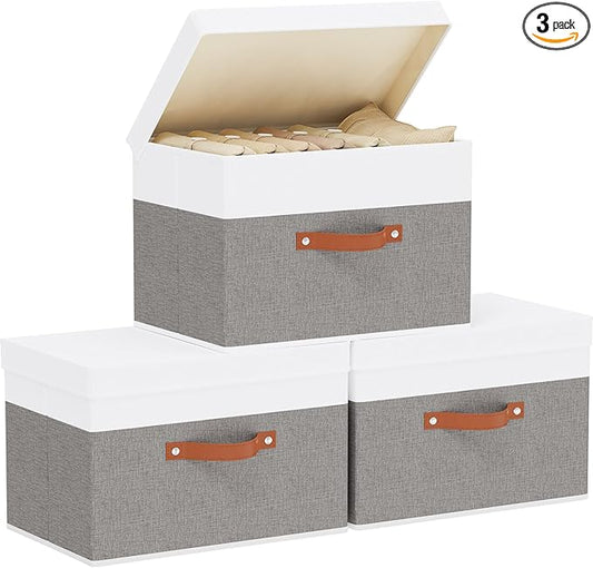 Fabric Storage Boxes with Lids, Linen Foldable Cloth Baskets, 17.7 x 11.8 x 11.8 Inch Closet Organizer Containers with Double Handles, Sweater Bins for Bedroom, White and Grey, 3 Pack