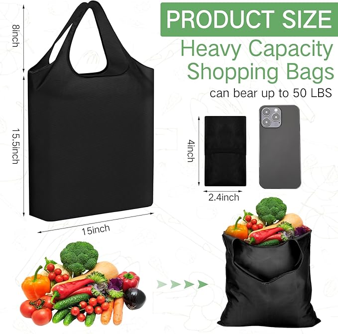 100 Pack Reusable Grocery Bags Bulk Polyester Shopping Bags Foldable Shopping Tote Pouch for Grocery 50 Lbs Washable(Black)