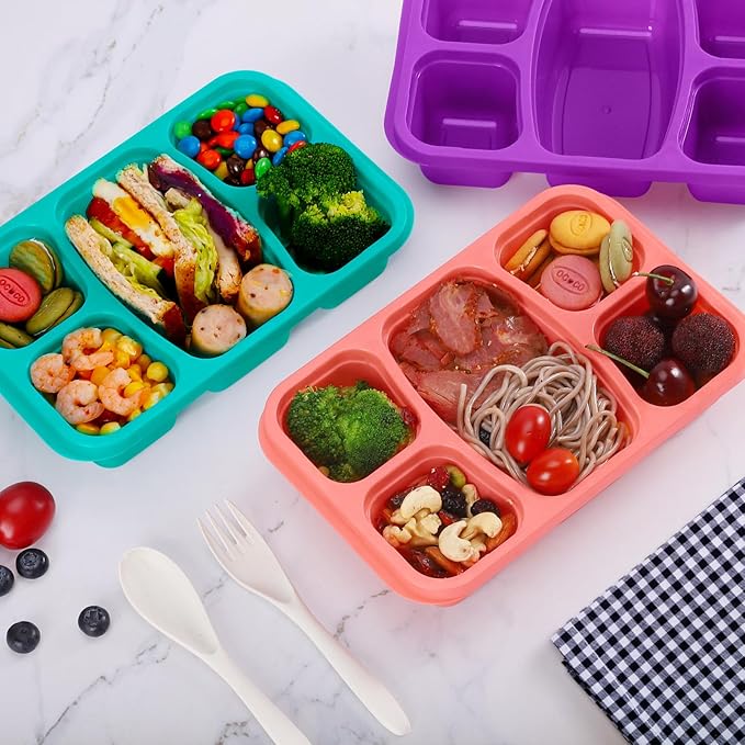 Bento Boxes Adult Lunch Containers 4 Pack, 5 Compartment Reusable Lunchable Containers for Kids, Stackable Snack Box With XXL Space for Sandwiches,Meal Prep for School