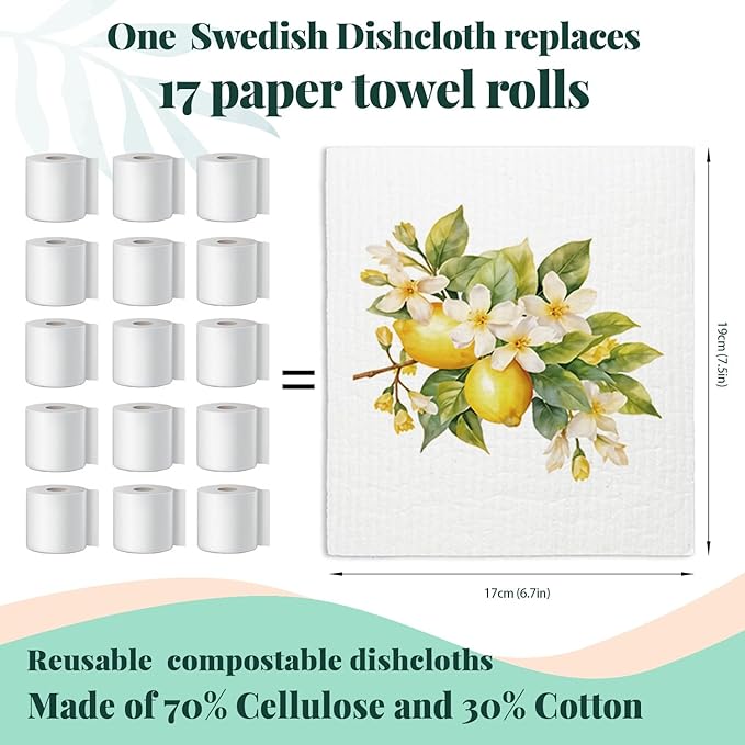 Swedish Dishcloths for Kitchen, Papaya Reusable Paper Towels Washable, Summer Lemon Swedish DishCloths for Friut, 4 Pack Dish Towels for Kitchen, No Odor Cleaning Cloths