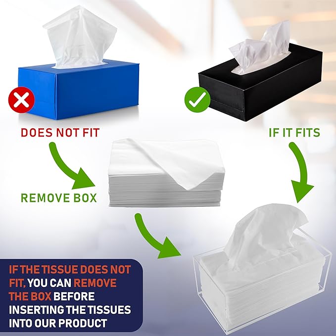 Acrylic Tissue Box Holder, Clear Dispenser for Facial Tissues, Napkins, and Dryer Sheets. Perfect for Bathrooms, Desks, Countertops, Vanities, Bedrooms, and Nightstands (Rectangle, Clear)