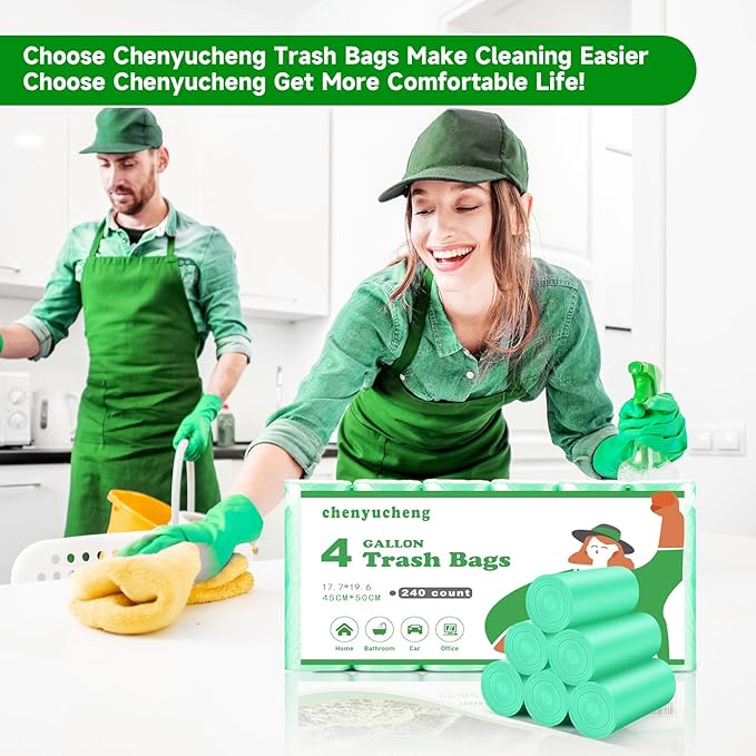 Small Trash Bags Bathroom 4 Gallon-Biodegradable - Green Garbage Bags 4 Gallon Compostable 240 Count Unscented Strong Kitchen Office Car Waste Basket Liners Thick Chenyucheng Bulk