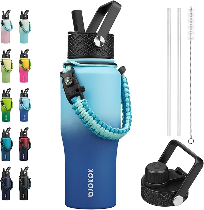 BJPKPK Insulated Water Bottles with Straw Lid, 23oz Metal Water Bottle with 2 lids & Paracord Strap, Double Wall Stainless Steel Vacuum Tumblers, Cups, Mugs, Thermo for Hot& Cold Drinks, Sky