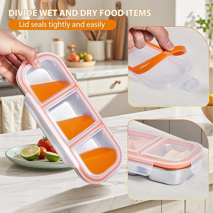 Stainless Steel Snack Box Container - 2 Pack Bento Box for Kids & Adults, 3 Compartment Leak-Proof Snack Containers with Lids（3Org+3Org）