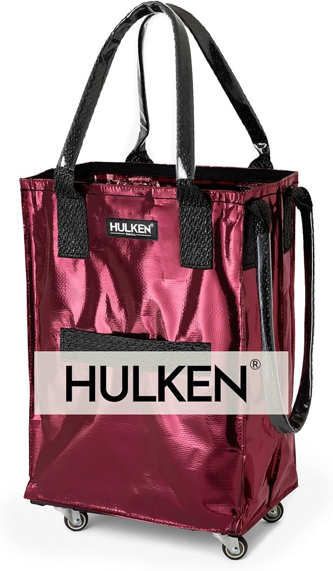 HULKEN (Small, Cosmic Red) Reusable Grocery Bag On Wheels, Shopping Trolley, Rolling Tote, Zipper Closure, Lightweight, Carries Up to 66 lb, Folds Flat