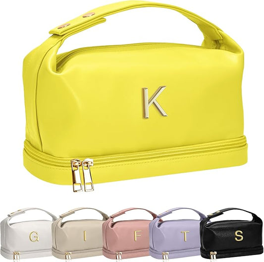Gifts for Young Women, Personalized Makeup Bag with Handle, Initial Double Layer Cosmetic Bag with Makeup Brush Organizer, Cute Cosmetic Pouch for Women, Gifts for Friends Female Mom
