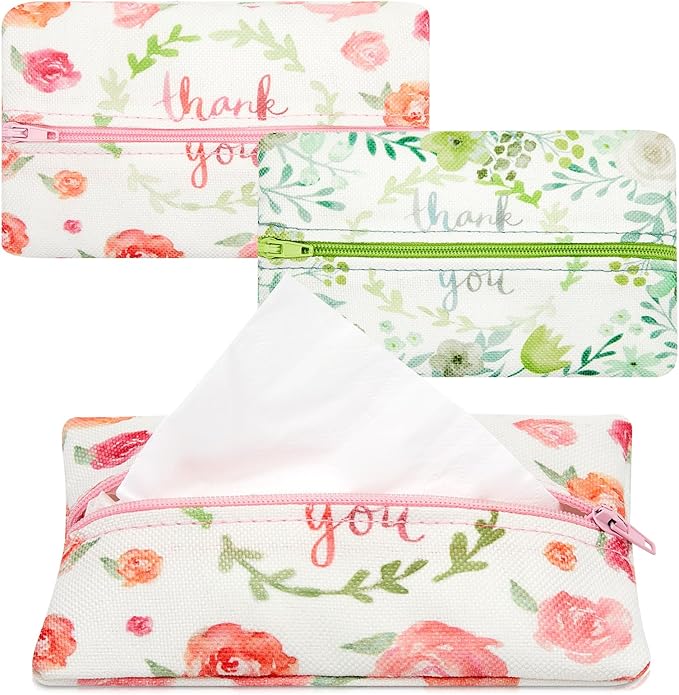 Kigeli 2 Pieces Purse Tissue Holder Travel Tissue Pouch for Purse Fabric Zipper Enclosed Pouches Reusable Flower Pattern Paper Holder for Coins, 5.25 x 3 Inches(Flower and Leaf)