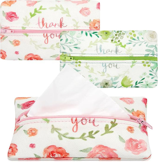 Kigeli 2 Pieces Purse Tissue Holder Travel Tissue Pouch for Purse Fabric Zipper Enclosed Pouches Reusable Flower Pattern Paper Holder for Coins, 5.25 x 3 Inches(Flower and Leaf)
