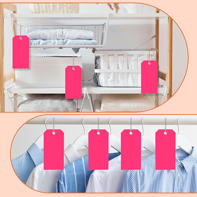 200 PCS 4 3/4" x 2 3/8" Neon Color Shipping Tags with Wire Paper Heavy Duty Hang Tags with Reinforcement Holes Writable Luggage Tag with String Durable Marking Tags (Neon Pink, 4 3/4" x 2 3/8")