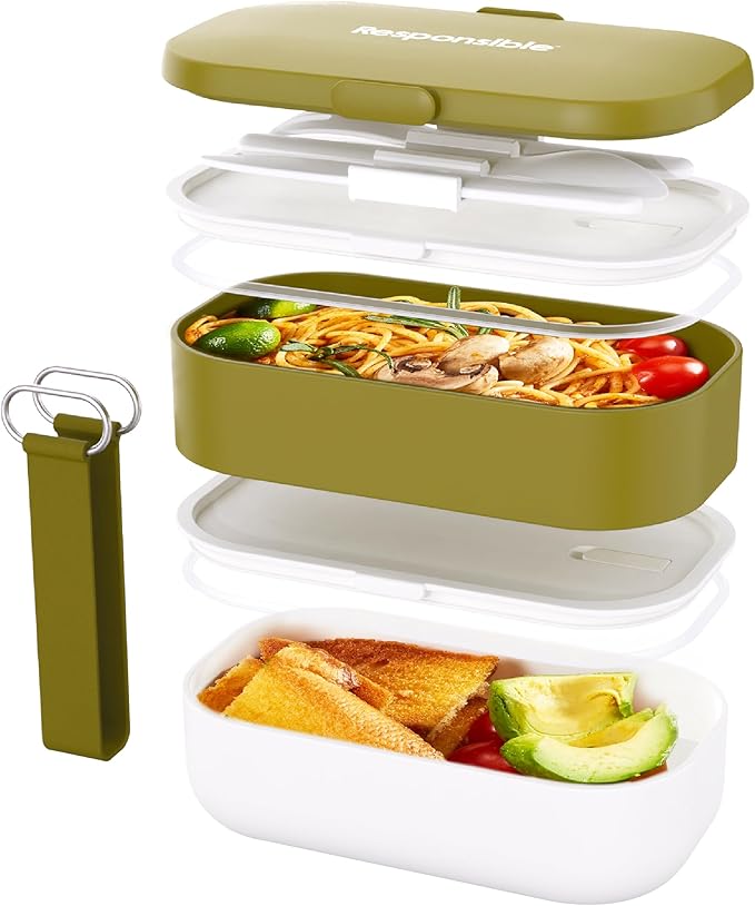 Responsible Products Leak Resistant Bento Box with Tableware for Adult - Teens, Insulated Lunch Box for Women - Men - Girls - Boys, BPA Free, Dishwasher Safe, Microwave Safe, Freezer Safe, 46 oz
