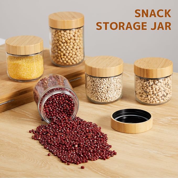 4-pack 16oz Overnight Oats Containers with Bamboo Lids, Wide mouth Mason Salad jars, Glass Jars with Airtight Lids for Meal Prep, Glass Food Storage Container for Snack Yogurt Sugar Spice