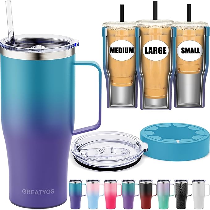 Universal Iced Coffee Sleeve with Handle - Insulated Double Wall Reusable Stainless Steel Holder Insulator for Cold Drinks Fits Small Medium Large To Go Cups Gifts for Men Women Him Her (Ocean Dream)