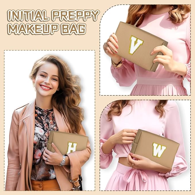 TOPEAST Preppy Makeup Bag, Small Cosmetic Travel Bags for Women, PU Leather Waterproof Toiletry Bag with Zipper, Personalized Birthday Gift for Women Girl, Preppy Gifts for Girl (Khaki F)