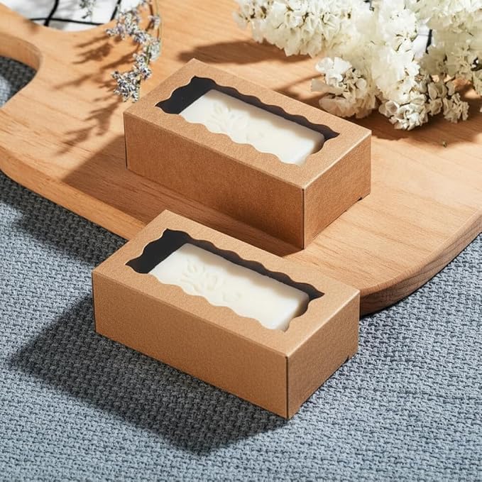 40PCS 3.5x2.36x1.2 inches Kraft Brown Soap Boxes with window, Homemade Soap Packaging Gift Boxes, Small Bakery Boxes for Macarons, Cookies & Candies, Wedding & Birthday Party Favors