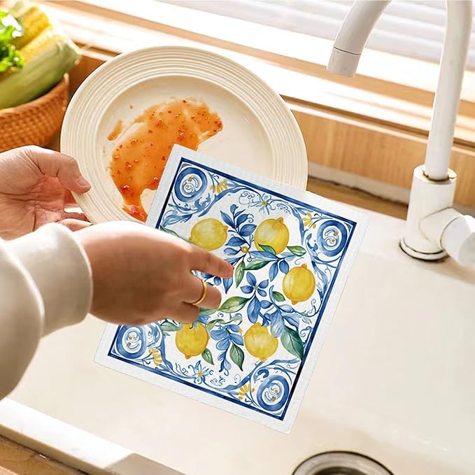 Swedish Dishcloths for Kitchen, Papaya Reusable Paper Towels Washable, Summer Lemon Vintage Floral Swedish DishCloths for Friut, 4 Pack Dish Towels for Kitchen, No Odor Cleaning Cloths