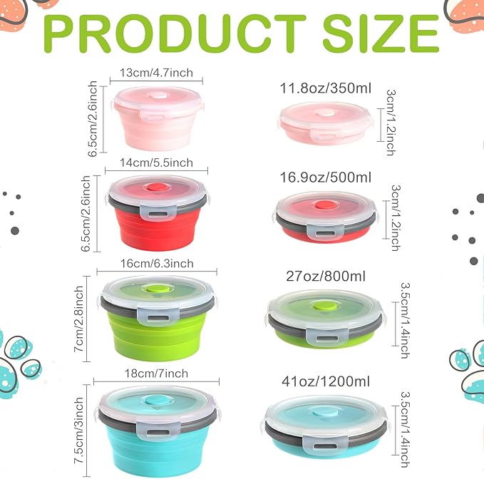 Suclain 4 Pcs Collapsible Bowls with Lids Silicone Camping Food Storage Container Expandable Folding Salad Lunch Box Travel Container for Hiking Camping(Red, Pink, Blue, Green,12, 17, 27, 41 oz)