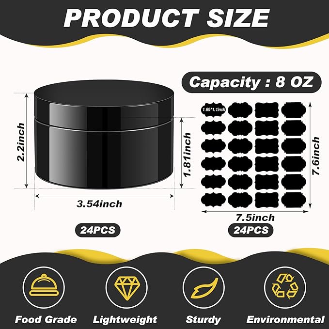 Dandat 24 Pcs 8 oz Plastic Jar Container with Lid and Label Refillable Empty Round Black PET Cosmetic Sample Containers for Lotion, Cream, Ointments, Body Butter, Makeup, Travel Storage