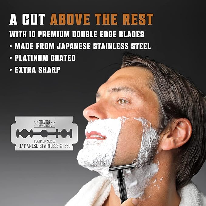 SHAVING REVOLUTION Long Handle Double Edge Safety Razor - Butterfly Open Razor 10 Japanese Stainless Steel Double Edge Blades - Close, Clean Shaving Razor Men., Black Long Handle, 12 Piece Set